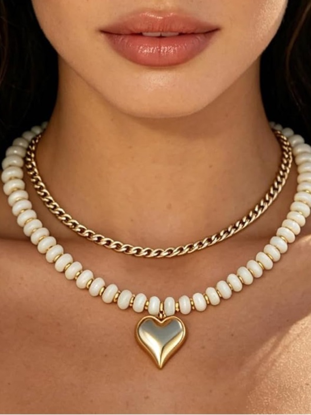 Anthropologie Gold Heart Pendant with Cream Beaded Layered Chains - Picture 3 of 6